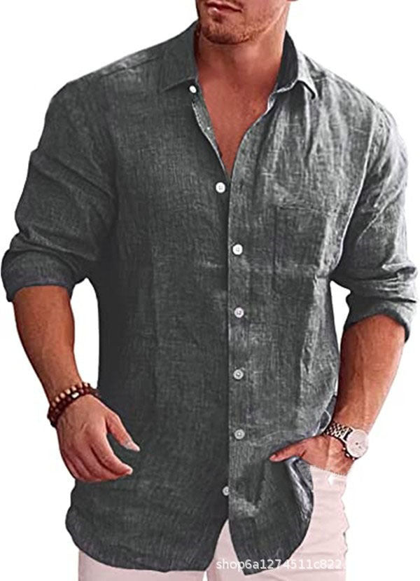 Casual Loose Fit Men's Solid Color Linen Long Sleeve Shirt with Turn-Down Collar