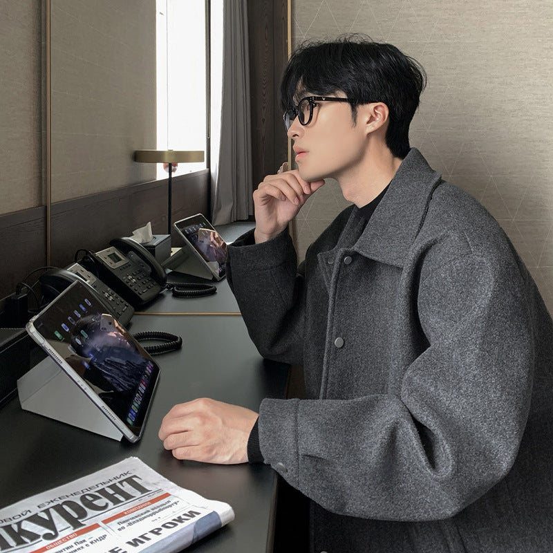 Men's Short Wool Blazer with Turn-down Collar, Thickened, Korean Style, Trendy, Casual Jacket