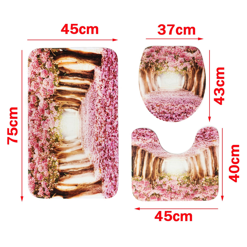 Arrivals Europe Pink Sakura Tree Pattern Bathroom Four-piece Suit,Shower Curtain Bathroom Pedestal Rug Lid Toilet Cover Bath Mat Set