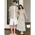 Couples Beach Dress Slim Fit Elegant Dress for Men Floral Shirt Short Sleeve