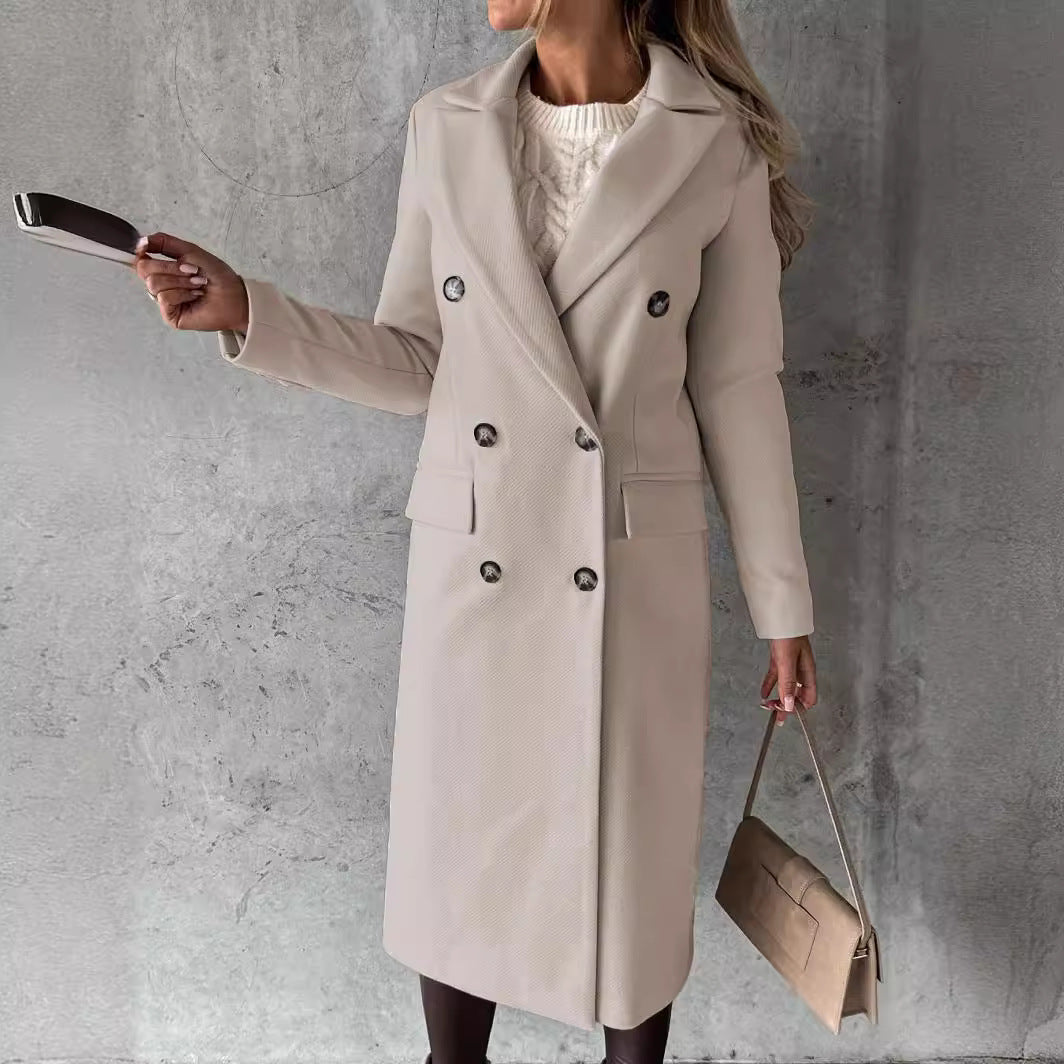 Women's Spring Fashion Wool CoatSolid Color Long Sleeve Double-Breasted Patch Pocket Versatile Outerwear